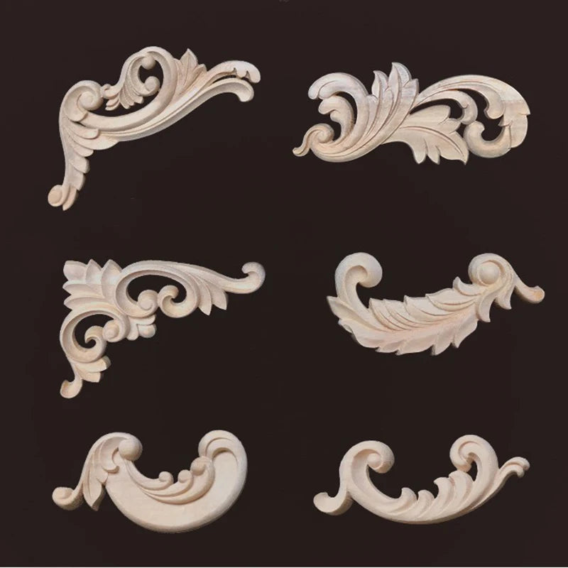 2PC Wood Corner Decoration Wood Carving Onlays Appliques Wood Decals for Furniture Home Decor Wood Figurine Wood Flower Crafting